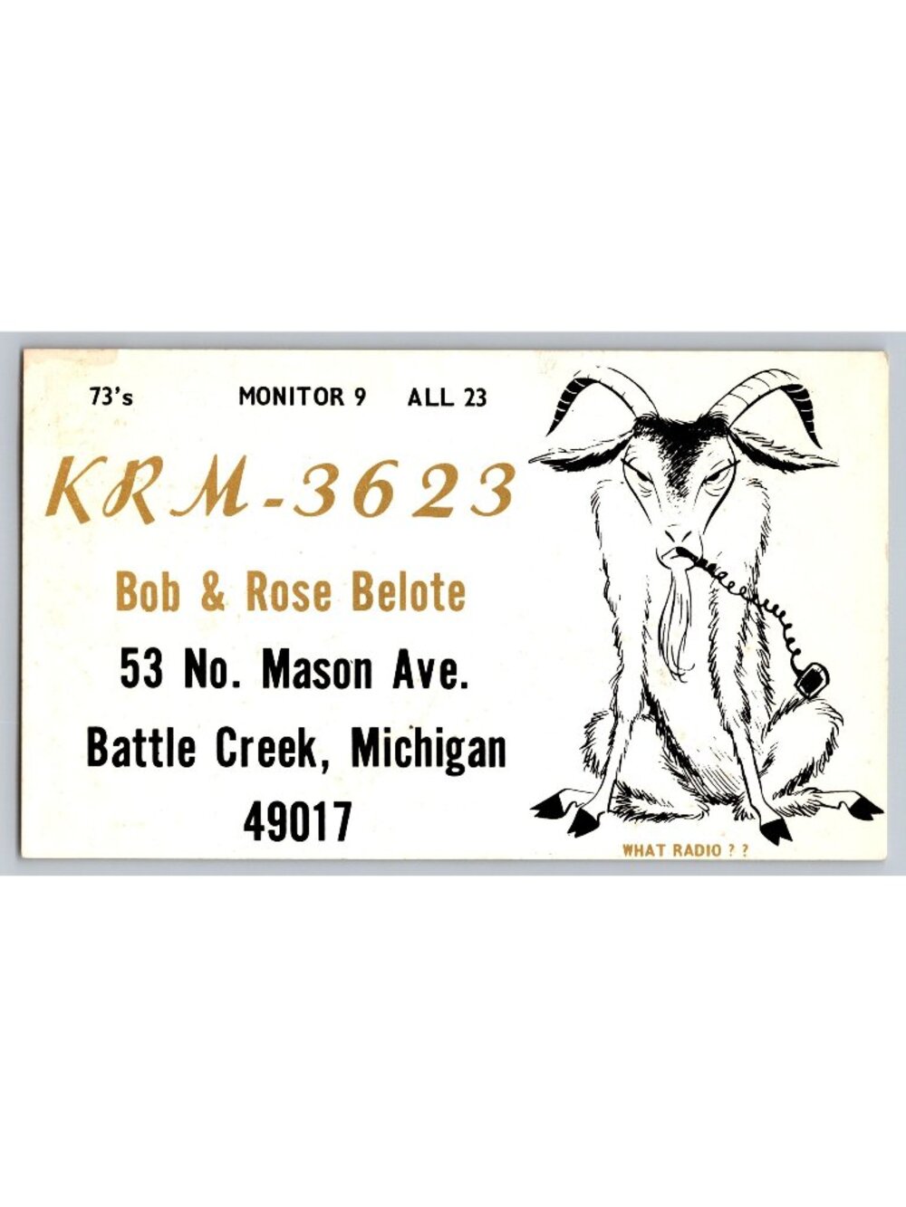 Vintage CB QSL Card KRM-3623 Bob Rose Belote Battle Creek Michigan Goat Cartoon